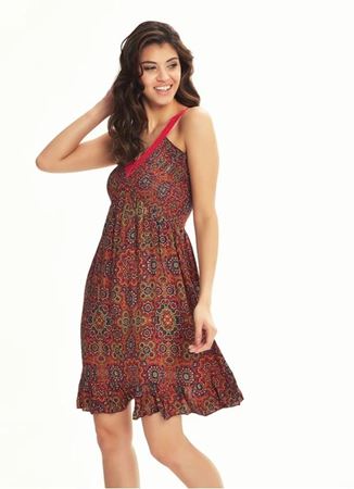 Retro Desenli Dantel Yaka Fırfırlı Kahve Elbise