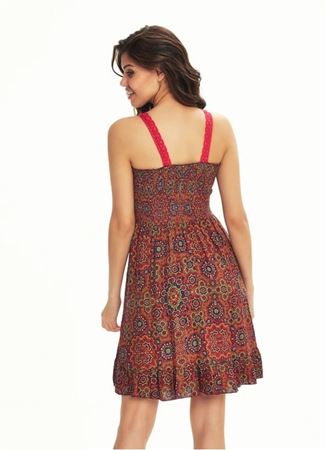 Retro Desenli Dantel Yaka Fırfırlı Kahve Elbise