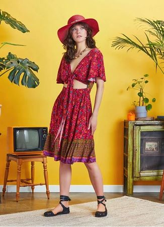 Cut Out Sırt Önden Bağlamalı Kırmızı Çiçekli Elbise