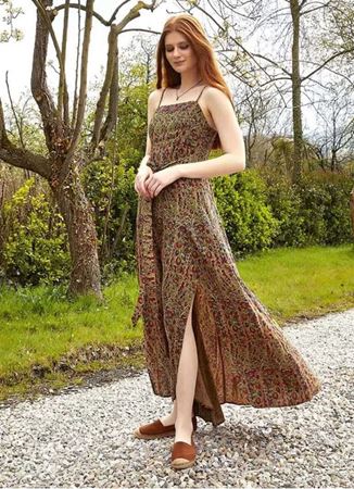 Askılı Belden Bağlamalı Yeşil Desenli Elbise