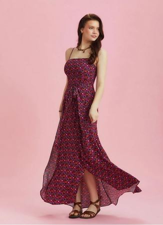 Askılı Belden Bağlamalı Çiçek Desenli Elbise