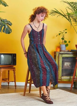 Etnik Desenli Düğmeli Askılı Yazlık Elbise