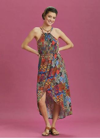 Önü Kısa Arkası Uzun Etnik Desenli Anvelop Elbise