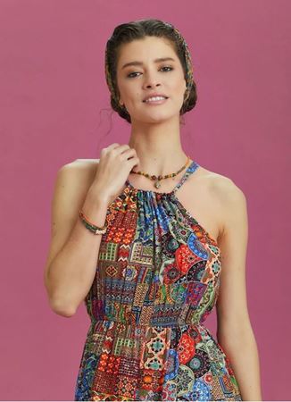 Önü Kısa Arkası Uzun Etnik Desenli Anvelop Elbise