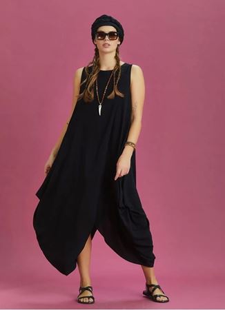 Diyagonal Kesim Ön Katlı Siyah Bol Şık Elbise