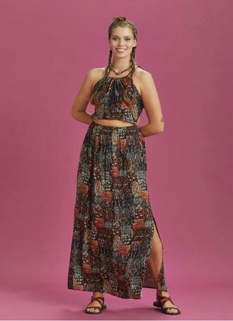 Desenli Yırtmaçlı Boyundan Bağlamalı Halter Yaka Elbise