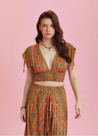 Derin V Yaka Dekolte Turuncu Desenli Yazlık Bluz