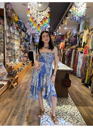 Mendil Etek İnce Askılı Salaş Mavi Desenli Elbise