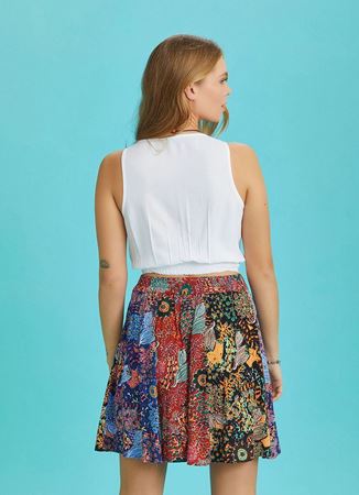 Kırmızı Çiçek Desenli Patchwork Parçalı Mini Etek