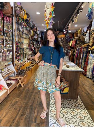 Çiçekli Sulu Kumaş Beli Lastikli Bohem Mini Etek