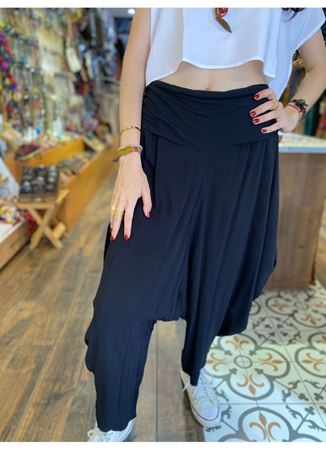 Drape Bel Dökümlü Kadın Siyah Şalvar Pantolon