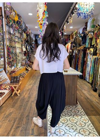 Drape Bel Dökümlü Kadın Siyah Şalvar Pantolon