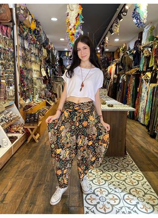 Drape Bel Dökümlü Çiçek Desenli Kadın Şalvar Pantolon