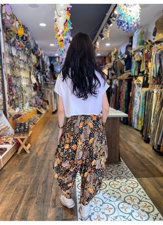 Drape Bel Dökümlü Çiçek Desenli Kadın Şalvar Pantolon