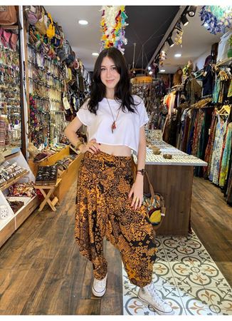 Drape Bel Dökümlü Kadın Turuncu Desenli Şalvar Pantolon