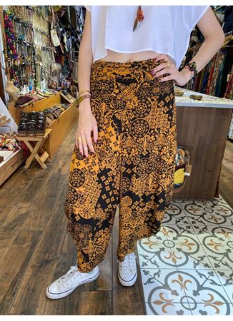 Drape Bel Dökümlü Kadın Turuncu Desenli Şalvar Pantolon
