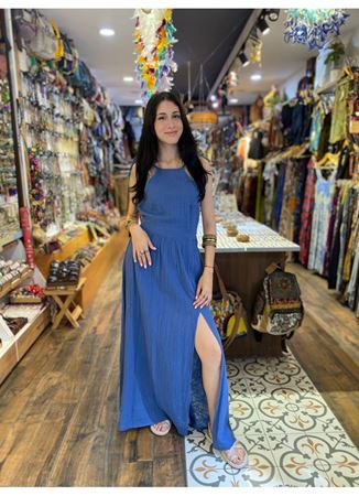 Boyundan Bağlamalı Yırtmaçlı Uzun Elbise