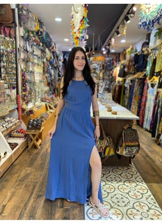 Boyundan Bağlamalı Yırtmaçlı Uzun Elbise