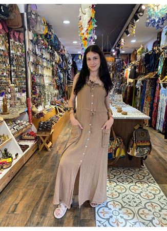 Cep Detaylı Askılı Düğmeli Uzun Elbise