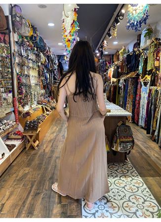 Cep Detaylı Askılı Düğmeli Uzun Elbise