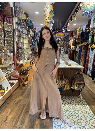 Cep Detaylı Askılı Düğmeli Uzun Elbise