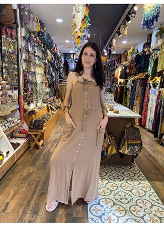 Cep Detaylı Askılı Düğmeli Uzun Elbise