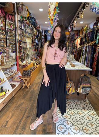 Beli Lastikli Midi Siyah Etnik Etek