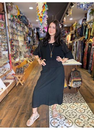 İtalyan Keten Çift Katlı Elbise Siyah