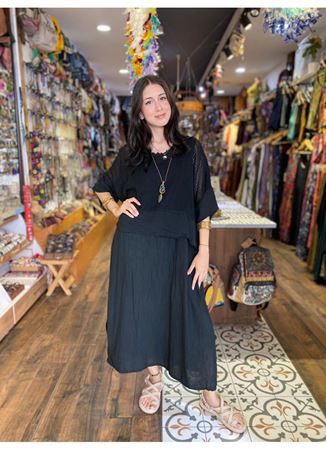 İtalyan Keten Çift Katlı Elbise Siyah