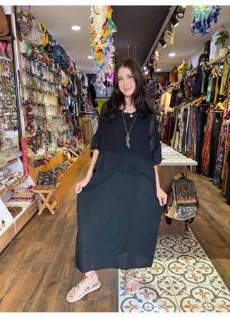 İtalyan Keten Çift Katlı Elbise Siyah