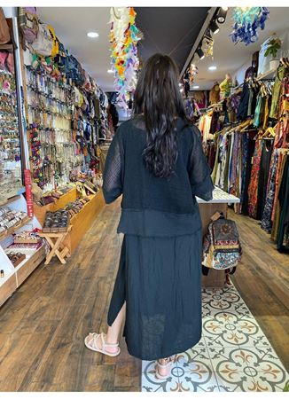 İtalyan Keten Çift Katlı Elbise Siyah