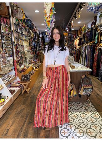  Rahat Kesim Beli Lastikli Desenli Pileli Uzun Etek