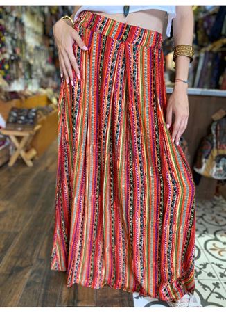  Rahat Kesim Beli Lastikli Desenli Pileli Uzun Etek