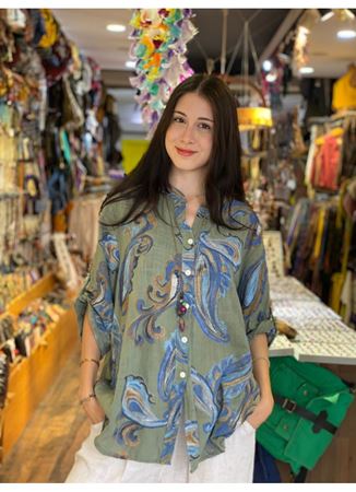 İTALYAN KETEN DESENLİ YEŞİL GÖMLEK  