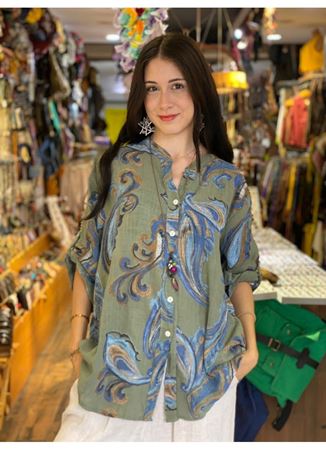 İTALYAN KETEN DESENLİ YEŞİL GÖMLEK  