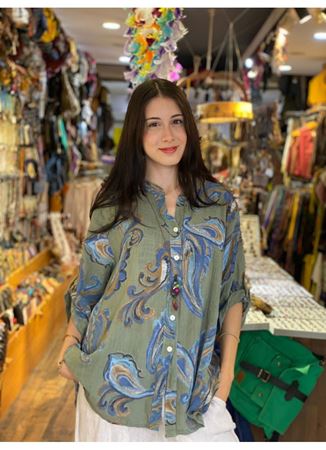 İTALYAN KETEN DESENLİ YEŞİL GÖMLEK  