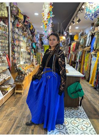 İtalyan Keten Kemer Detaylı Etek Mavi