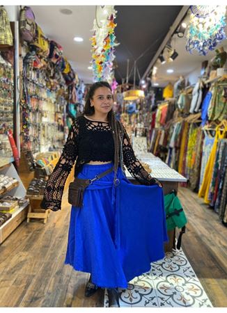 İtalyan Keten Kemer Detaylı Etek Mavi