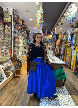 İtalyan Keten Kemer Detaylı Etek Mavi