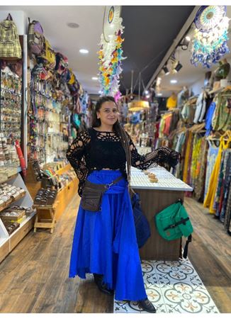 İtalyan Keten Kemer Detaylı Etek Mavi