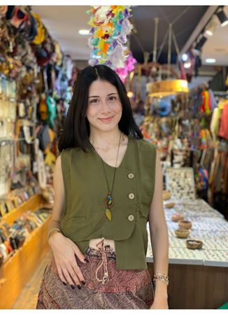 Cep Detaylı Asimetrik Kesim Bohem Yelek Haki