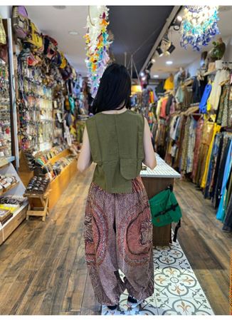 Cep Detaylı Asimetrik Kesim Bohem Yelek Haki