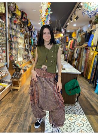 Cep Detaylı Asimetrik Kesim Bohem Yelek Haki