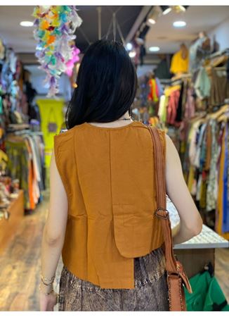 Cep Detaylı Asimetrik Kesim Bohem Yelek Taba