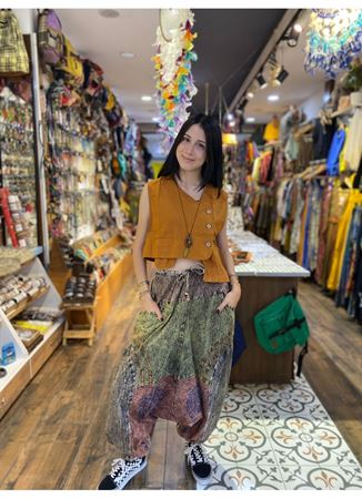 Cep Detaylı Asimetrik Kesim Bohem Yelek Taba