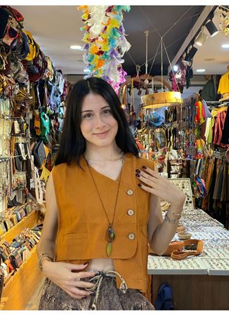 Cep Detaylı Asimetrik Kesim Bohem Yelek Taba