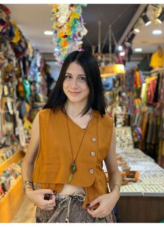 Cep Detaylı Asimetrik Kesim Bohem Yelek Taba