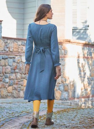 Bohem Tarz Uzun Kollu Gri Modal Elbise