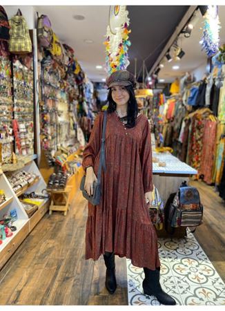 V Yaka Kol Ucu Lastikli Bohem Salaş Elbise