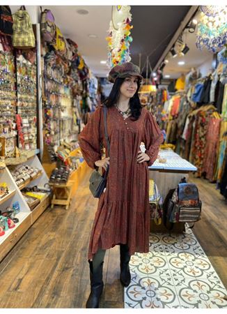 V Yaka Kol Ucu Lastikli Bohem Salaş Elbise